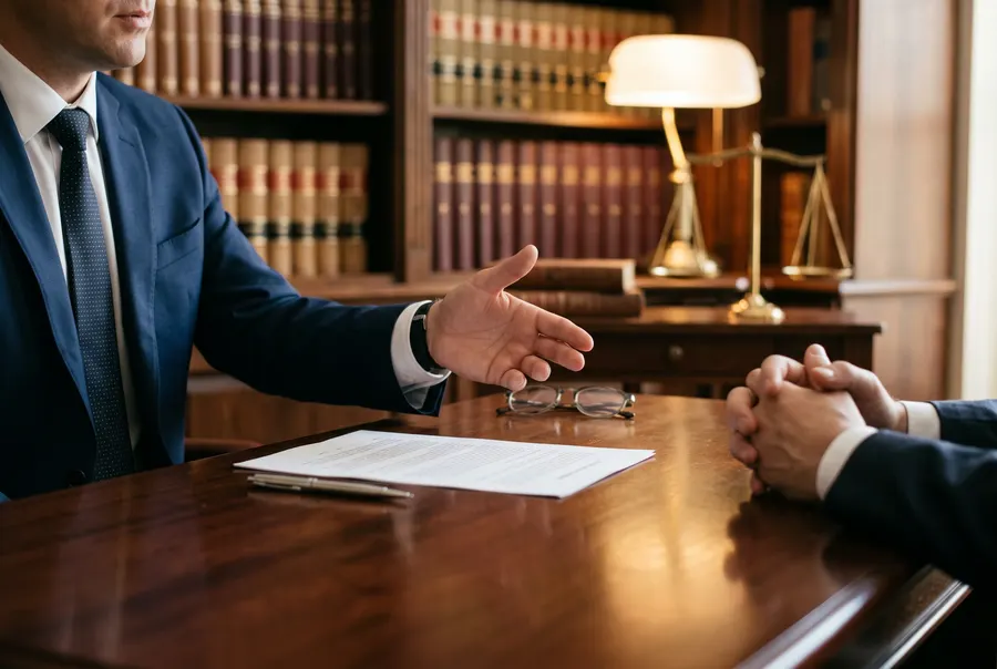 An attorney reviewing a document with a client across a desk in a law library