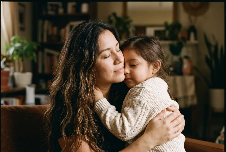 A mother tenderly embracing her young daughter in warm window light